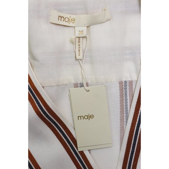 NWT Maje Pieni Stripe Jumpsuit Surplice V-Neck Straight Leg Cream Orange Brown S - Picture 3 of 7